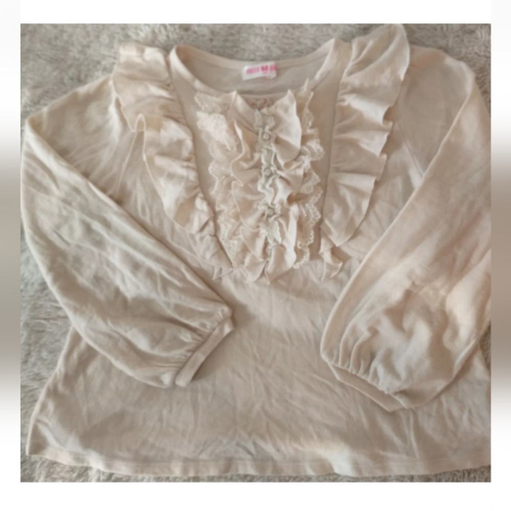 Mezzo Piano Beaded Ruffled Shirt, Size 130cm Cream White Light Beige Lace Ruffle